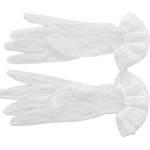 1 Paar Witte Bruids Korte Handschoenen Volledige Fingered Transparante Rhombic Gaas Roes Kant Trim Pols Lengte Wanten Party