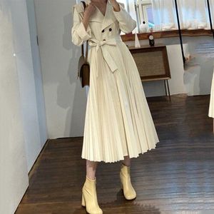 Vrouwen Double Breasted Geplooide Trenchcoat Vintage Lange Jassen Voor Vrouwen Engels Stijl Vrouwelijke Windjack Met Riem