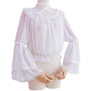 Vrouwen Witte Kleur Lolita Chiffon Overhemd In Boothals Tops Meisje Kant Bandage Hemd Lantaarn Mouw Kawaii Kleding