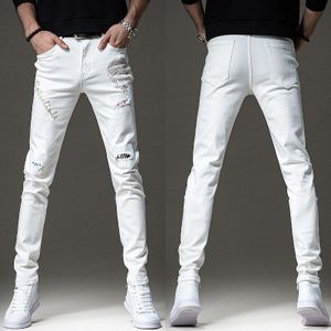 Zomer Ripped Patch Witte Jeans Mannen Mode Steentjes Stretch Slim Fit Potlood Broek