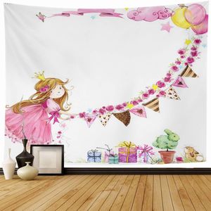 Jong Roze Fee Schattige Prinses Verjaardag Aquarel Baby Bunny Meisje Ballon Home Decor Wandtapijten