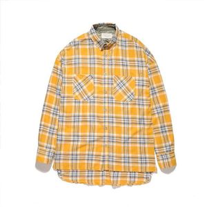 Streetwear Geel Plaid Lange Mouwen Tij Mannen Voor Korte Rug Lange Losse Shirt Jeugd Urban Kleding