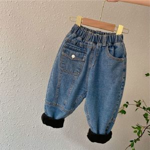 Herfst Winter Meisjes Mode Denim Jeans Kids Dikke Warme Broek Met Pocket