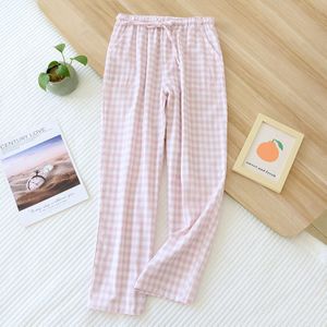 Lente En Zomer Meisjes Elastische Thuis Broek Vrouwen Katoen Dubbel Gaas Dunne Slaap Broek Slapen Bodems Toevallige Plaid Pyjama Femme