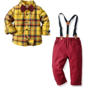 Mode Herfst Jongens Kleding Sets Plaid Lange Mouwen Bowtie Shirt Tops + Overalls Clothse Outfits Kids Gentleman Pak