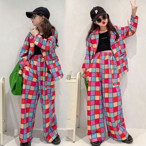 Meisjes Blazers Pak Broek Sets Lente Kids Plaid Outfits Mode Losse Kinderkleding Tiener Dansen Kostuums