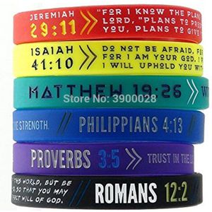 100 pc Bijbelvers Romeinen Jeremia Spreuken Jesaja siliconen polsband armband voor Mannen Vrouwen Christelijke Religieuze Sieraden