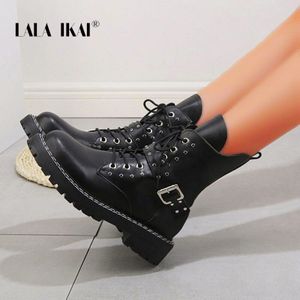 Lala Ikai Vrouwen Klinknagel Enkellaars Mid Boot Pu Lace-Up Zip Antislip Rijlaarzen Vrouwelijke Herfst Winter XWA30727-4