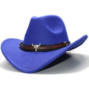 Retro Vintage Vrouwen Mannen Wol Brede Rand Cowboy Western Cowgirl Bolhoed Fedora Cap Bull Head Oxhead Braid Band (57Cm/Aanpassen)