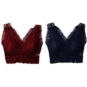 2Pcs Vrouwen Bloem Tank Top Beha Kant Bloemen Haak Vest Crop Top-Rode Wijn & Royal Blue