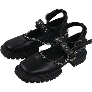 Modieuze Punk Gothic Stijlvolle Cosplay Kettingen Platform Enkelbandjes Suqare Dikke Hakken Solid Black Meisjes Pompen