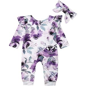 Pasgeboren Baby Meisjes Jongens Romper Kleding Bloemenprint Lange Ruches Mouwen Jumpsuits Algemene Hoofdband Outfits Set