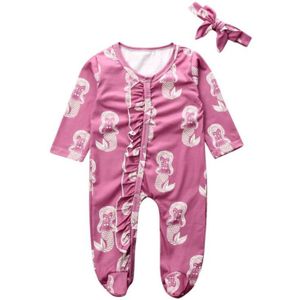 2 STUKS Pasgeboren Baby Meisje Kleding winter Mermaid Print Romper Jumpsuit + Hoofdband lange mouw katoen Algehele Knop Kleding 0 -18M