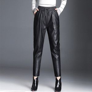 Vrouwen Pu Lederen Broek Mode Trekkoord Tie Enkel Broek Elastische Taille Broek Zakken Zwart Streetwear Pantalones Mujer P162
