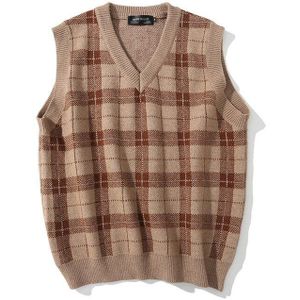 Vintage Plaid Gebreide Trui Mannen 95% Katoen V-hals Mouwloze Truien Japan En Koreaanse Kleding Bruin Knit Vest Jumpers L