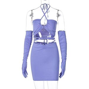 Dulzura Effen Vrouwen Tweedelige Set Halter Crop Top Tanks Lace Up Bandage Mini Rok Handschoenen Bodycon Sexy Streetwear Club bijpassende