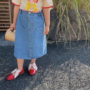 3-11y Kids Knielange Denim Rokken Zomer Meisjes Effen Kleur Losse Causale Komen Kinderen Kleding Hc38