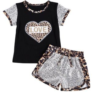 Zomer Peuter Kid Baby Meisjes 2 Stuks Kleding Sets Korte Mouw Leopard Heart Print T Shirts Tops Pailletten Shorts outfits