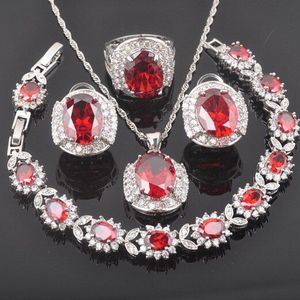 Voor Vrouwen Zilver Kleur Sieraden Sets Rode Zirconia Bruiloft Sieraden Armband Ketting Hanger Oorbellen Ring QS0238