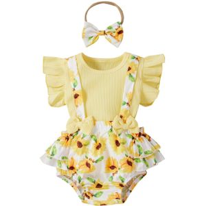 Peuter Baby Zonnebloem Afdrukken Drie-Delige Set Baby Meisje O-hals Flying Mouwen Tops + Jarretel Shorts + Hoofdband Set zomer