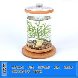 Vis Tanks Mini Desktop Aquaponic Aquarium 360 Roterende Ultra-Clear Glas Vis Kom Met Antislip Houten Basis deksel
