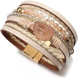 Allyes Multilayer Kristal Kralen Gevlochten Lederen Armband Voor Vrouwen Pearl Resin Strass Wrap Armband Vrouwelijke Sieraden