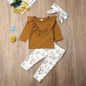 Pudcoco Herfst Winter Pasgeboren Baby Meisje Kleding Effen Kleur Ruche T-Shirt Tops Bloemenprint Lange Broek Hoofdband 3Pcs Outfits