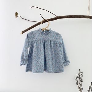 5271 Sweet Girl Blouses Herfst Blauwe Bloemen Print Peuter Meisje Shirt Lange Mouw Baby Leuke Tops 2-9Years Kids Kleding