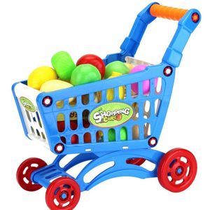 1Set Kids Simulation Supermarket Shopping Cart Mini Trolley With Fruit Vegetable Blue
