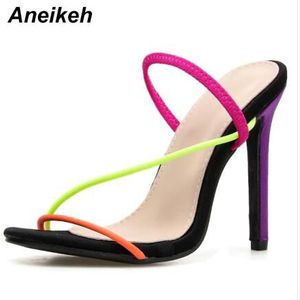 Aneikeh Flock Vrouwen Slippers Zomer Dunne Hoge Hakken Jurk Slip Op Causale Slides Vrouwen Muilezels Kleurrijke Maat 35-42