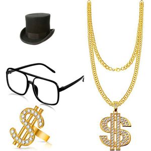 Halloween Cosplay Kostuums Hip Hop Kostuum Magische Hoed Bril Gouden Ketting Ring 80S/90S Rapper Accessoires Dollar teken Set