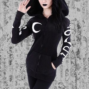 Vrouwen Gothic Hoodies Winter Harajuku Maan Brief Print Zwarte Vrouwelijke Sweatshirts Casual Pocket Hooded Zipper Punk Sweatshirt