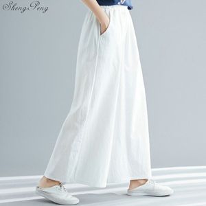 Linnen broek vrouwen linnen kleding voor vrouwen elastische taille comfortabel solid wide been witte linnen broek gratis grootte V1445