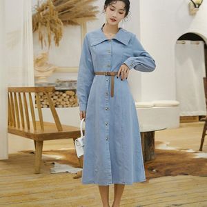 Blauw Single-Breasted Lange Mouwen Denim Shirt Jurk Vrouwen Mid-Lengte Vintage Elegante Effen Hoge Taille Koreaanse Stijl jurken