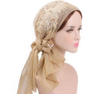 Mode Vrouwen Moslim Beanie Bloem Tulband Hoed Hoofd Sjaal Wrap Chemo Lady Bandana Hijab Caps Shiny Geplooide Sjaal Haaruitval cover