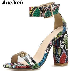 Aneikeh Luipaard Print Vrouwen Sandalen Hoge Hakken Zomer Enkelbandje Vierkante Hak Sandalen Pumps Maat 35- 40