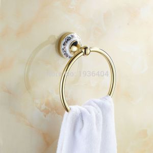 Gouden afgewerkte handdoekring met porselein base badkamer accessoires handdoek houder koper wandmontage handdoekenrek R504