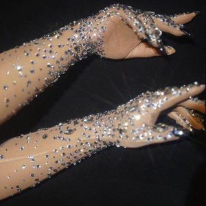 Shiny Glas Diamant Handschoenen See-Through Net Gaas Stage Performance Handschoenen Bar Nachtclub Gogo Dance Wear Party Festival Rave