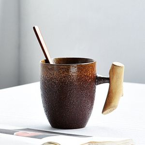 Vintage Keramische Koffie Mok Japanse Stijl Tea Cup Tumbler Roest Glazuur Kantoor Thee Melk Mok Met Lepel Houten Handvat Drinkware