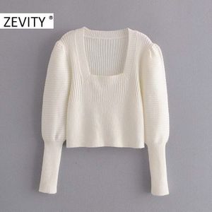 Zevity Vrouwen High Street Vierkante Kraag Breien Trui Vrouwelijke Bladerdeeg Mouw Casual Slim Trui Chic Retro Trui Tops S414