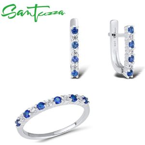 Santuzza Zilveren Sieraden Set Voor Vrouwen Blauw-Gemaakt Spinels Cz Steen Ring Oorbellen Set 925 Sterling Zilveren Sieraden set