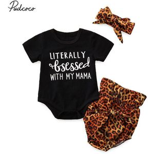 Baby Zomer Kleding Pasgeboren Baby Meisjes Brief Print Bodysuits Luipaard Shorts Hoofdband 3Pcs Korte Mouwen Outfits