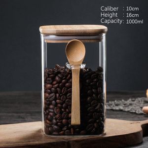 Keuken Opbergdoos Van 800-1200Ml Grootte, Met Transparant Glas Verzegeld Blik Snoep Koffieboon Jar, met Lepel En Bamboe Deksel