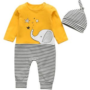 Baby Jongens Meisjes Romper Cartoon Olifant Patroon Katoen Lange Mouw Jumpsuit En Hoed 2 Stuks Outfit Set Pasgeboren Baby Meisje kleding