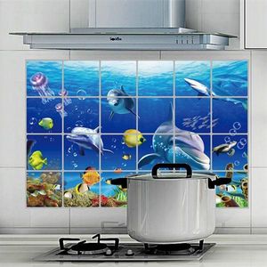 3D De Onderwater Wereld Dolfijn Anti-Olie Muursticker Voor Keuken Tegel 60*90 Cm Home Decor Dier poster Hittebestendig Art Mural