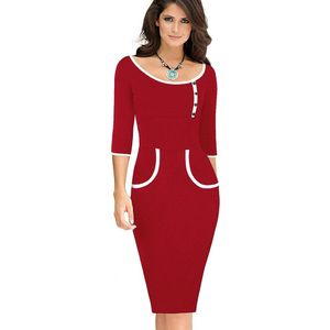 Nice-Forever Herfst Vrouwen Retro Contrast Kleur Patchwork Office Jurken Business Bodycon Slanke Jurk Bty623