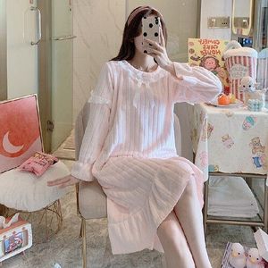 Flanel Sleepshirts Vrouwen Zoete Patchwork Boog Midi Losse Gezellige Dikkere Lange Mouwen Nachthemden Mooie Tieners Lounge Chic Femme