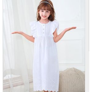 Meisje Katoenen Pyjama Zomer Ruches Wit Prinses Slaap Jurk Kinderen Thuis Kleding Paleis Nachtjapon Kinderkleding Wz79