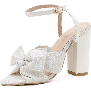 Suollavie Solide Vrouwen Sandalen Witte Vlinder-Knoop Hoge Hakken Kantoor Vrouwen Gesp Schoenen Stretch Stof Dames Sandalen