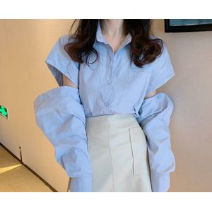 [Ewq] Zomer Lange Mouwen Gat Blauw Casual Lady Blouse Koreaanse Stijl Turn-Down Kraag Oversized dames Shirt QV497